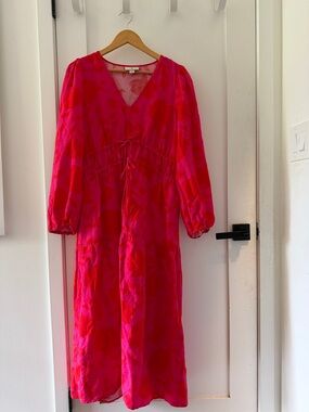 Bright Pink & Red V-Neck Midi Dress
